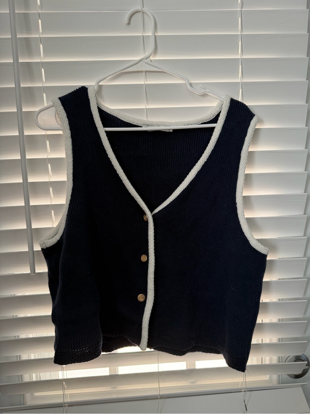 Navy Knit Button Front Vest with White Trim